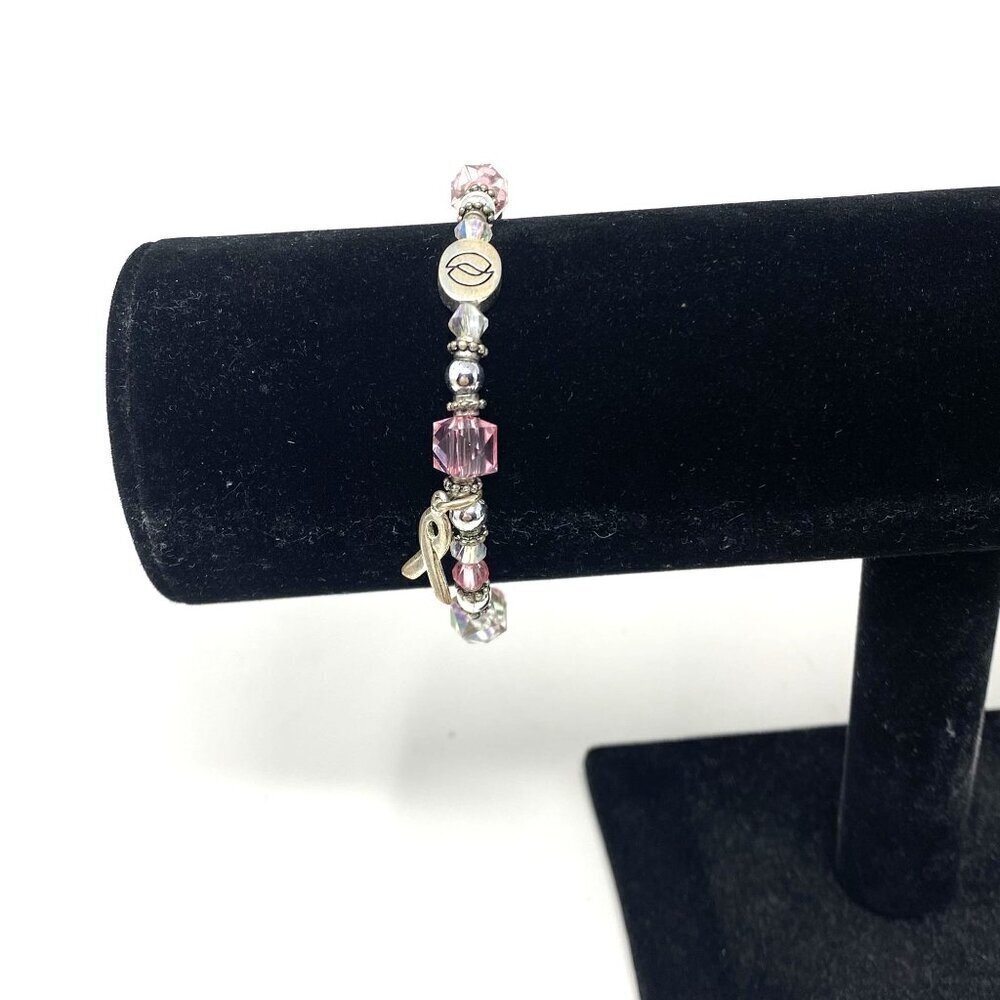 Breast Cancer Awareness Ribbon Charm Bracelet Beaded Pink Silver Clear